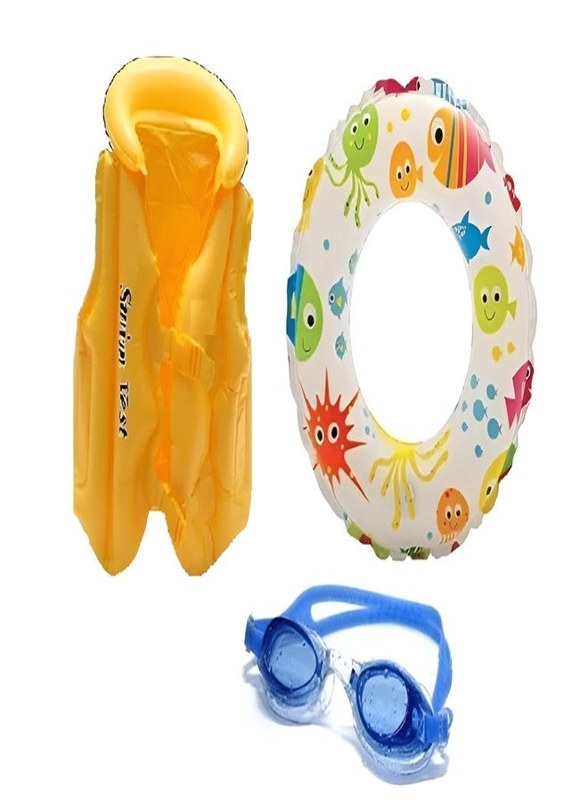 NELSTRAB Yellow Swimming Jacket & Swimming Ring & Goggles Combo Adjustable Float Inflatable Swim Vest Safety for Girls Boys Kids(5-8 Year)(Combo) - Image 1